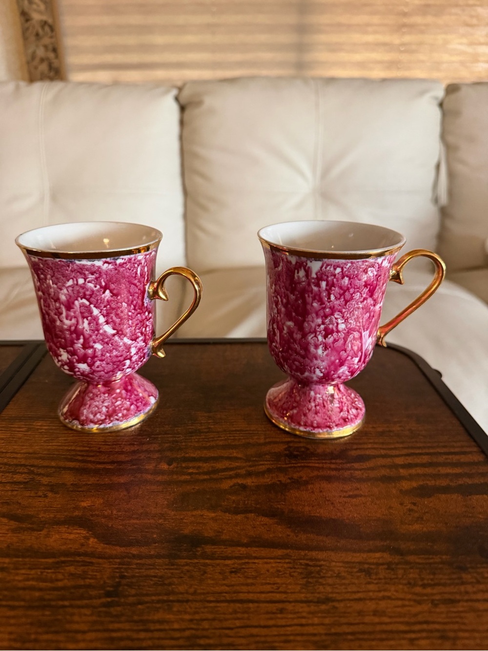 Pink Gold-Trim Porcelain Footed Mugs - Set of 2